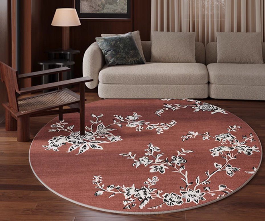 Abstract Contemporary Round Rugs, Modern Rugs for Dining Room, Flower Pattern Modern Rugs for Bathroom, Circular Modern Rugs under Coffee Table