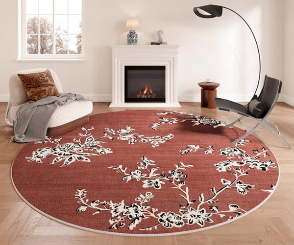 Abstract Contemporary Round Rugs, Modern Rugs for Dining Room, Flower Pattern Modern Rugs for Bathroom, Circular Modern Rugs under Coffee Table