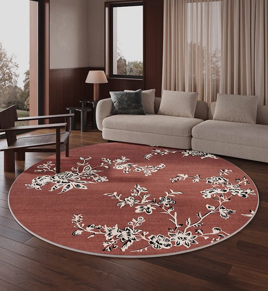 Abstract Contemporary Round Rugs, Modern Rugs for Dining Room, Flower Pattern Modern Rugs for Bathroom, Circular Modern Rugs under Coffee Table