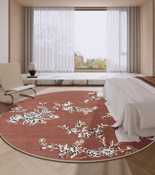 Abstract Contemporary Round Rugs, Modern Rugs for Dining Room, Flower Pattern Modern Rugs for Bathroom, Circular Modern Rugs under Coffee Table
