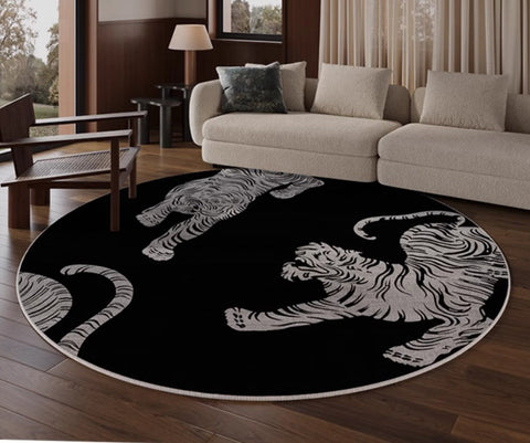 Modern Rugs for Dining Room, Tiger Black Modern Rugs for Bathroom, Abstract Contemporary Round Rugs, Circular Modern Rugs under Coffee Table-Art Painting Canvas