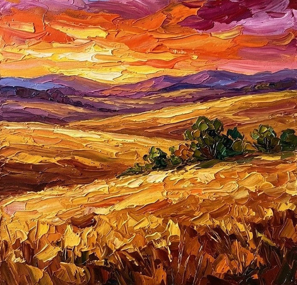Sunset Glow Over the Vast Plains, Small Canvas Artwork for Sale, Impasto Painting, Original Canvas Paintings