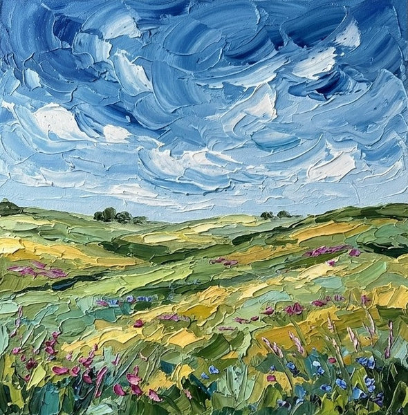 Hand Painted Canvas Art, Wind Sweeping Flower Hills, Original Oil Painting for Sale, Heavy Texture Paintings
