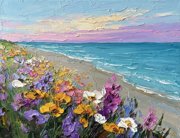 Flower Tide by the Shore, Original Oil Paintings, Small Canvas Artwork for Sale, Original Seascape Paintings
