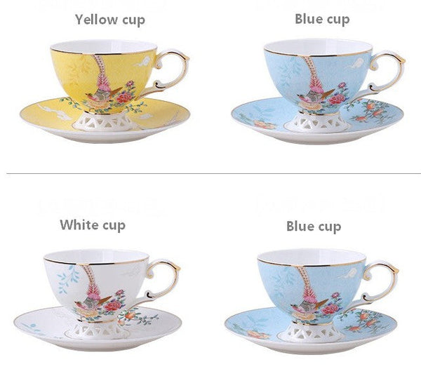 Elegant Oriental Pheasant Ceramic Cups, Beautiful Bird Pattern Tea Cups, 8 oz Porcelain Tea Cup Saucer Set of 2 Cups, Unique Tea Cup and Saucer in Gift Box-Art Painting Canvas