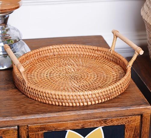 Small Rattan Storage Basket, Fruit Basket, Round Storage Basket with Handle, Kitchen Storage Baskets, Woven Storage Baskets-Art Painting Canvas