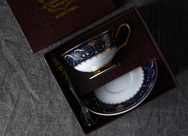 Unique Blue Tea Cup and Saucer in Gift Box, Blue Bone China Porcelain Tea Cup Set, Royal Ceramic Cups, Elegant Ceramic Coffee Cups-Art Painting Canvas