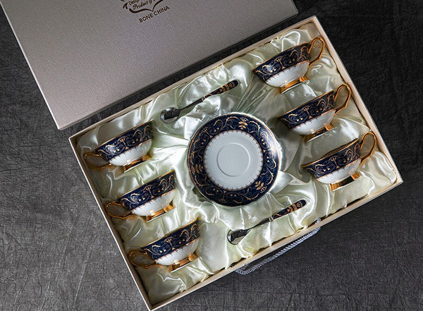 Bone China Porcelain Tea Cup Set, Unique Blue Tea Cup and Saucer in Gift Box, Royal Ceramic Cups, Elegant Ceramic Coffee Cups-Art Painting Canvas