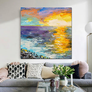 Seascape Sunrise Painting, Abstract Landscape Painting, Landscape Paintings for Living Room, Heavy Texture Wall Art Painting, Bedroom Wall Art Ideas-Art Painting Canvas