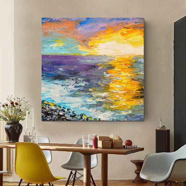 Seascape Sunrise Painting, Abstract Landscape Painting, Landscape Paintings for Living Room, Heavy Texture Wall Art Painting, Bedroom Wall Art Ideas-Art Painting Canvas