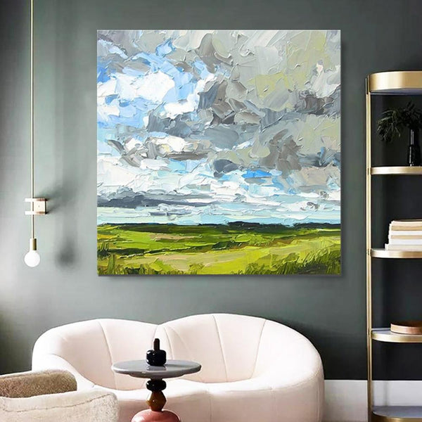 Abstract Landscape Painting, Grass Land under Sky Painting, Large Acrylic Paintings for Bedroom, Heavy Texture Canvas Art, Landscape Paintings for Living Room-Art Painting Canvas