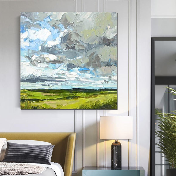 Abstract Landscape Painting, Grass Land under Sky Painting, Large Acrylic Paintings for Bedroom, Heavy Texture Canvas Art, Landscape Paintings for Living Room-Art Painting Canvas