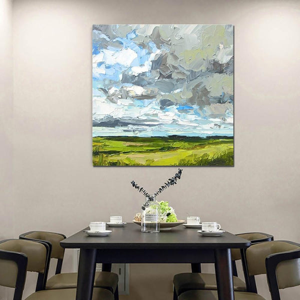 Abstract Landscape Painting, Grass Land under Sky Painting, Large Acrylic Paintings for Bedroom, Heavy Texture Canvas Art, Landscape Paintings for Living Room-Art Painting Canvas