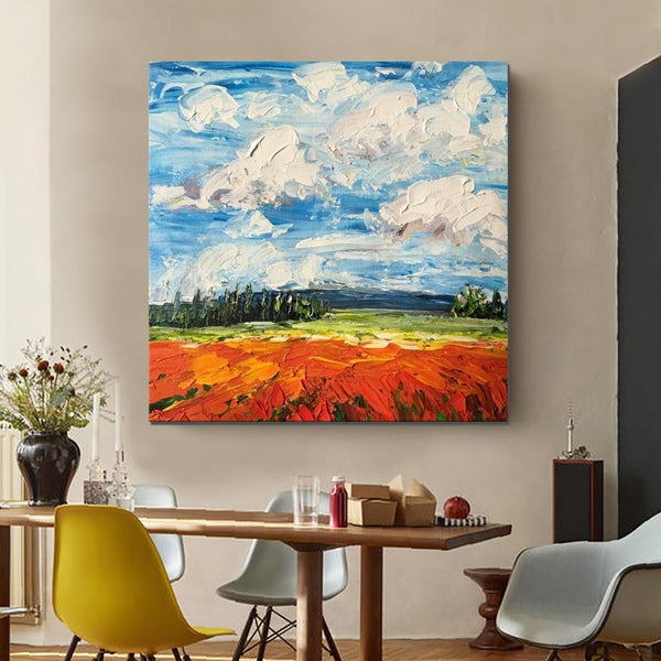 Red Poppy Field and Sky, Abstract Landscape Painting, Landscape Paintings for Living Room, Large Landscape Painting for Dining Room, Heavy Texture Painting-Art Painting Canvas