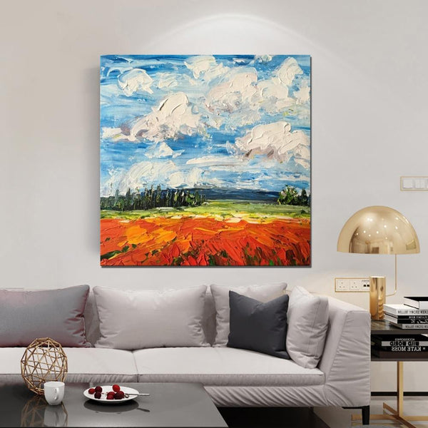 Red Poppy Field and Sky, Abstract Landscape Painting, Landscape Paintings for Living Room, Large Landscape Painting for Dining Room, Heavy Texture Painting-Art Painting Canvas