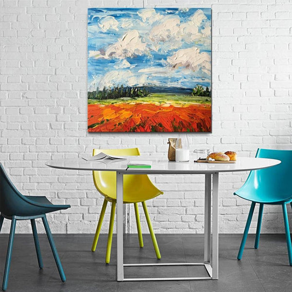 Red Poppy Field and Sky, Abstract Landscape Painting, Landscape Paintings for Living Room, Large Landscape Painting for Dining Room, Heavy Texture Painting-Art Painting Canvas
