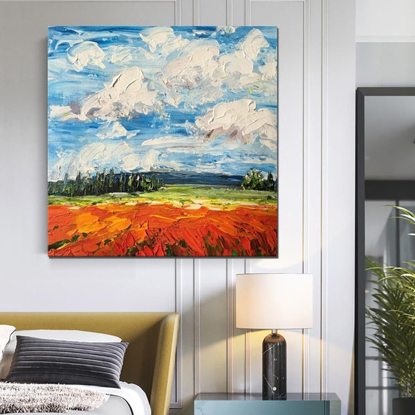 Red Poppy Field and Sky, Abstract Landscape Painting, Landscape Paintings for Living Room, Large Landscape Painting for Dining Room, Heavy Texture Painting-Art Painting Canvas