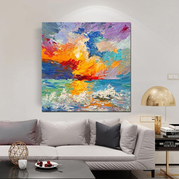 Abstract Landscape Painting, Seascape Sunrise Painting, Large Landscape Painting for Sale, Heavy Texture Art Painting, Landscape Paintings for Living Room-Art Painting Canvas
