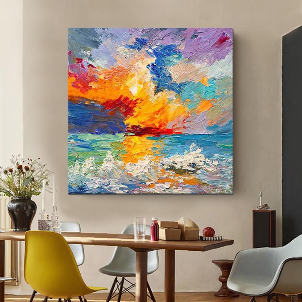 Abstract Landscape Painting, Seascape Sunrise Painting, Large Landscape Painting for Sale, Heavy Texture Art Painting, Landscape Paintings for Living Room-Art Painting Canvas