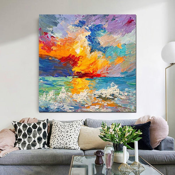 Abstract Landscape Painting, Seascape Sunrise Painting, Large Landscape Painting for Sale, Heavy Texture Art Painting, Landscape Paintings for Living Room-Art Painting Canvas