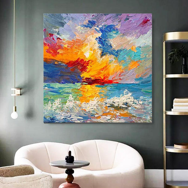 Abstract Landscape Painting, Seascape Sunrise Painting, Large Landscape Painting for Sale, Heavy Texture Art Painting, Landscape Paintings for Living Room-Art Painting Canvas