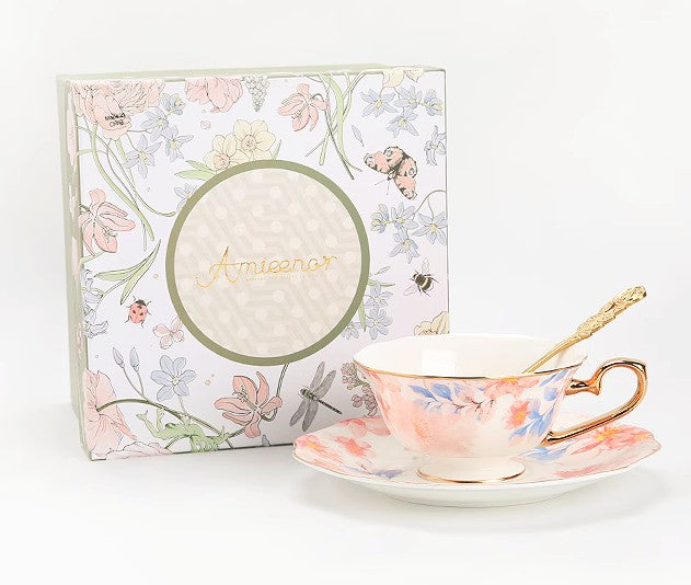 Flower Bone China Porcelain Tea Cup Set, Unique Tea Cup and Saucer in Gift Box,British Royal Ceramic Cups for Afternoon Tea, Elegant Ceramic Coffee Cups-Art Painting Canvas