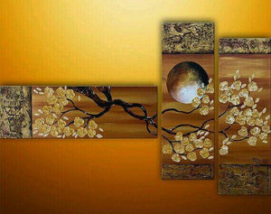 Flower and Moon Painting, Bedroom Wall Art, Abstract Painting, Acrylic Art, 3 Piece Wall Art-Art Painting Canvas