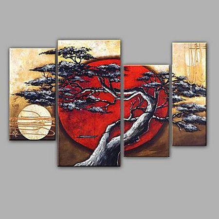 4 Piece Canvas Paintings, Tree Paintings, Moon and Tree Painting, Buy Art Online, Large Painting for Sale, Living Room Acrylic Paintings-Art Painting Canvas