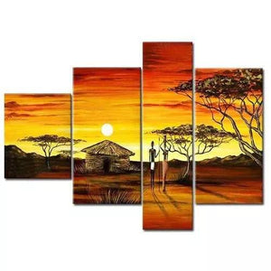 African Pinting, 4 Piece Canvas Art, Acrylic Painting for Sale, Large Landscape Painting, African Woman Village Sunset Painting-Art Painting Canvas