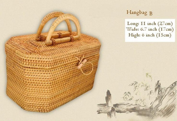 Rattan Wicker Serving Basket, Storage Baskets for Picnic, Kitchen Storage Baskets, Woven Storage Baskets with Lid-Art Painting Canvas