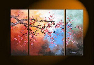 Plum Tree Flower Painting, Bedroom Wall Art Paintings, Living Room Wall Art Ideas, 3 Piece Canvas Art, Flower Acrylic Paintings-Art Painting Canvas