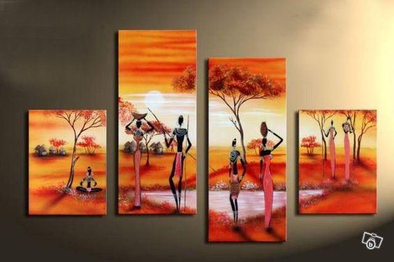 African Woman Painting, 4 Piece Canvas Art, Landscape Canvas Paintings, Hand Painted Canvas Art, Oil Painting for Sale-Art Painting Canvas