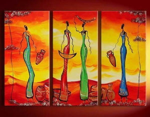 Abstract Painting, African Girl Acrylic Painting, Dining Room Wall Art, 3 Piece Art Painting-Art Painting Canvas