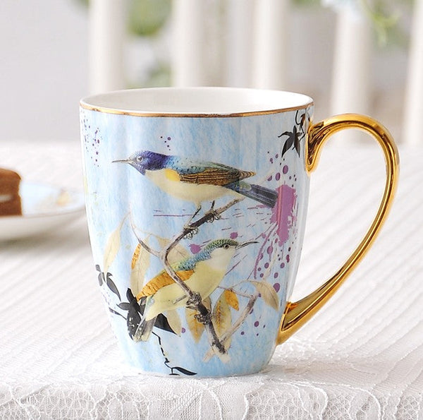 Elegant Ceramic Coffee Mug, Beautiful Bird Flower Ceramic Mug, Large Creative Bone China Porcelain Mug, Large Capacity Ceramic Mugs for Office-Art Painting Canvas