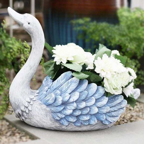 Outdoor Decoration Ideas, Garden Ideas, Blue Wing Swan Flower Pot, Animal Statue for Garden Ornament, Swan Lovers Statues, Villa Courtyard Decor-Art Painting Canvas