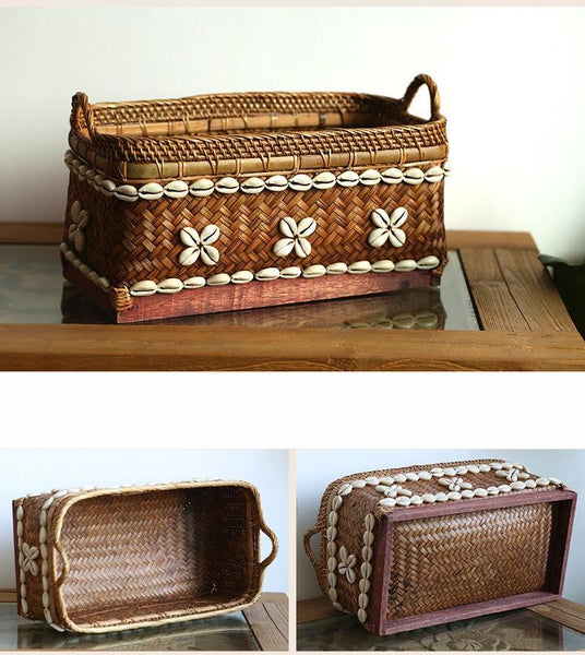 Indonesia Hand Woven Storage Basket, Natural Bamboo and Sea Shell Baskets-Art Painting Canvas