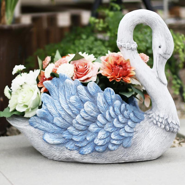 Outdoor Decoration Ideas, Garden Ideas, Blue Wing Swan Flower Pot, Animal Statue for Garden Ornament, Swan Lovers Statues, Villa Courtyard Decor-Art Painting Canvas