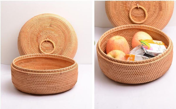 Rattan Basket, Storage Basket with Lid, Woven Basket for Kitchen, Storage Basket for Dining Room, Round Storage Basket-Art Painting Canvas