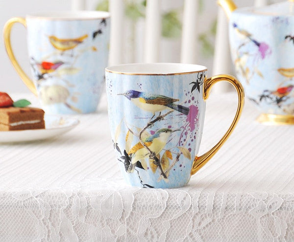 Large Creative Bone China Porcelain Mug, Elegant Blue Ceramic Coffee Mug, Beautiful Bird Flower Ceramic Mug, Large Capacity Ceramic Mugs for Office-Art Painting Canvas