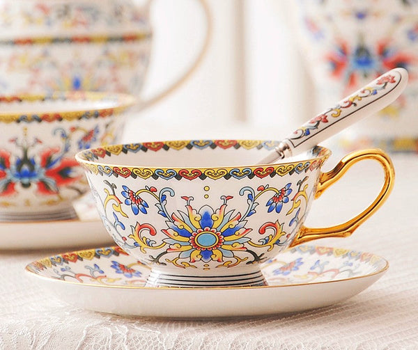 Bohemia Ceramic Coffee Cups, Creative Ceramic Cups, China Porcelain Tea Cup Set, Unique Afternoon Tea Cups and Saucers-Art Painting Canvas