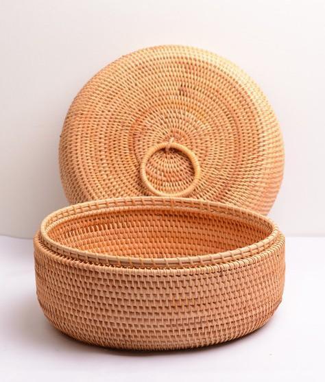 Woven Storage Basket with Lid, Lovely Rattan Basket for Kitchen, Storage Basket for Dining Room, Woven Round Baskets-Art Painting Canvas
