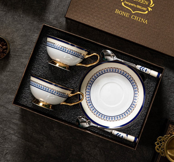 Blue Bone China Porcelain Tea Cup Set, Elegant British Ceramic Coffee Cups, Unique British Tea Cup and Saucer in Gift Box-Art Painting Canvas