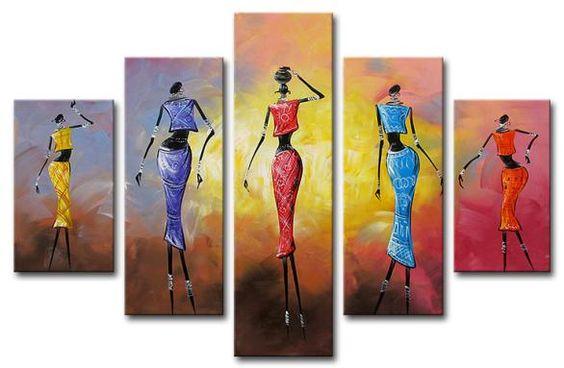 African Dancing Girl Painting, 5 Piece Acrylic Art, Abstract Painting, Extra Large Canvas Painting-Art Painting Canvas