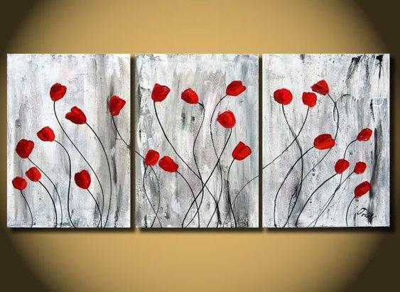 Red Poppy Flower Paintings, Acrylic Flower Painting, 3 Piece Painting, Modern Wall Art Painting-Art Painting Canvas