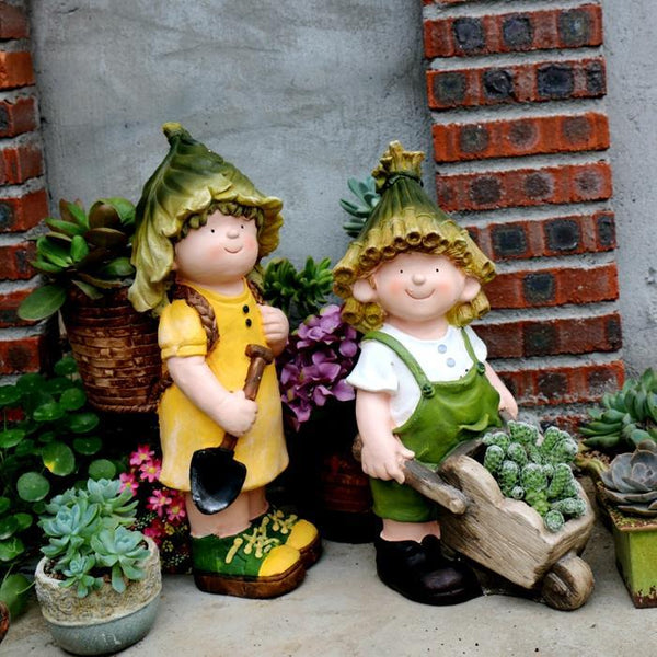 Large Boy Cart and Girl Carry Basket Statues, Flower Pot, Garden Courtyard Ornament, Gardening Ideas, House Warming Gift-Art Painting Canvas