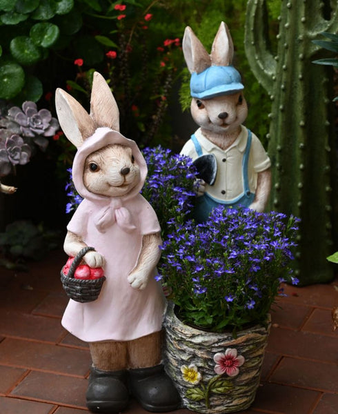Garden Courtyard Ornament, Villa Outdoor Decor Gardening Ideas, Large Rabbit Lovers Statue for Garden, Bunny Flowerpot, Modern Garden Sculptures-Art Painting Canvas