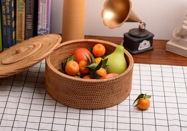 Woven Storage Basket with Lid, Large Rattan Storage Basket, Woven Round Basket for Kitchen-Art Painting Canvas