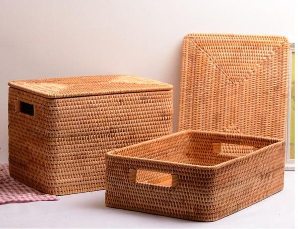 Rectangular Storage Basket with Lid, Rattan Storage Baskets for Shelves, Kitchen Storage Baskets, Storage Baskets for Clothes, Laundry Woven Baskets-Art Painting Canvas