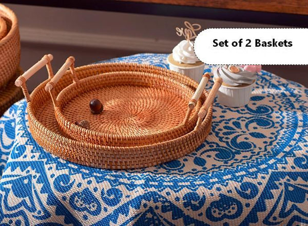 Small Rattan Storage Basket, Fruit Basket, Round Storage Basket with Handle, Kitchen Storage Baskets, Woven Storage Baskets-Art Painting Canvas