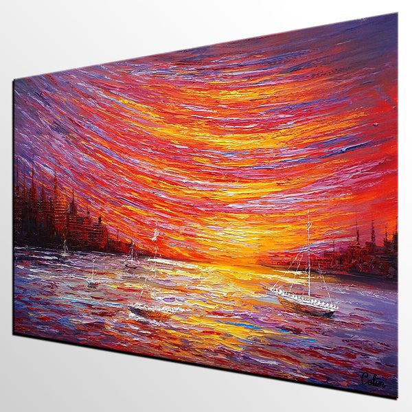Landscape Painting, Large Art, Canvas Art, Wall Art, Custom Abstract Artwork, Canvas Painting, Modern Art, Oil Painting, Boat on the River 210-Art Painting Canvas